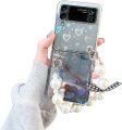 Omio for Galaxy Z Flip 4 Cute Case, Clear Holographic Heart Phone Case with Pearl Chain Bracelet Wrist Strap for Women Girls Aesthetic Glitter Rainbow Slim Shockproof Hard PC Cover. 