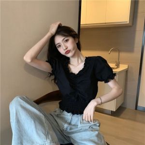 IELGY V-neck puff sleeve shirt womens ruffled short top