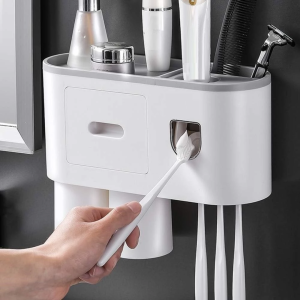 Multifunction Toothbrush & Toothpaste Dispenser Holder Storage Shelf with Magnetic Cup