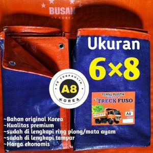 Terpal plastik Korea ukuran 6×8meter tipe A8 warna biru oren waterproof