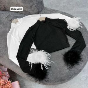 ÁO THUN CROPTOP CỔ LỌ DÀI TAY PHỐI LÔNG SANG CHẢNH