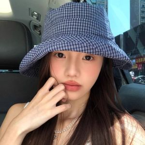 SEEMAY Summer Plaid Bucket Cap Curled Quick-dry Plaid Sun Hat Korean Bow Fisherman Caps Outdoor