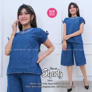 Set Jeans sherlly Lengan Serut Tali - Baju setelan Atasan Bawahan Wanita Terbaru - Baju Santai Jeans
