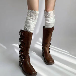 ลูกไม้สีขาวดำโบว์ Y2K คอสเพลย์ถุงน่องผู้หญิงตาข่ายสไตล์ญี่ปุ่นสไตล์โลลิต้าหัวเข่าถุงเท้ายาวสูงถุงเท้ายาว