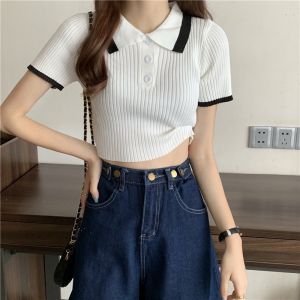 Short Top Womens Tight Summer Thin Knitted Short-sleeved T-shirt Navel High Waist