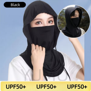 Sunscreen Hat Drawstring Style Headscarf Hat Men and Women Ice Silk Full Face Mask with Hoodie Neck
