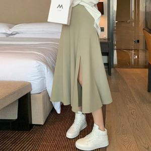 IELGY กระโปรงเข่าเข้ารูปสไตล์เกาหลีกระโปรงทรงเอไลน์เอวสูงความยาวปานกลางสำหรับผู้หญิง