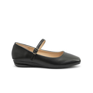Cardams Womens School Shoes Flats CLY 28665 Black C1 - Black ballet flats with strap and buckle beige interior low wedge heel.