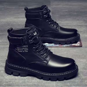 Mens High Cut Martin Boots Korean Style Waterproof Leather Motorcycle Boots Casual Black Shoes for School Streetwear