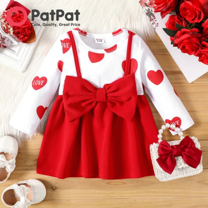 PatPat Baby Girl Clothes Red Love Heart Print Long-sleeve Splicing