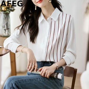 AFEG Korean shirt collar fashion casual loose temperament striped chiffon long-sleeved blouse for women