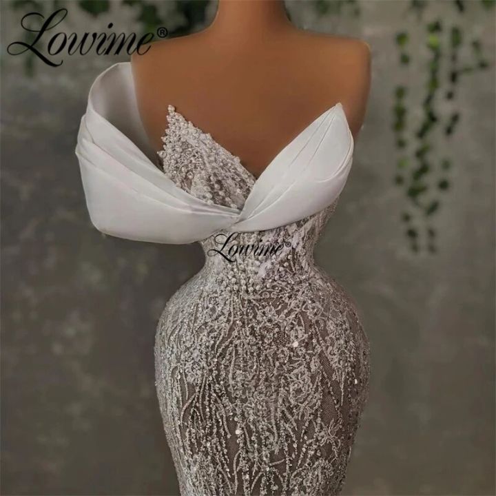 Sexy Beads Evening Dresses Sequined Mermaid Custom Made Prom Dress Tulle  Flowers Train Sleeveless Formal Party