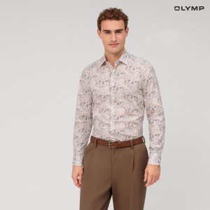 OLYMP  Level Five Shirt เสื้อเชิ้ตชาย ผ้าเรียบลายพิมพ์กราฟิก สีเบจ  ทรงพอดีตัว ยืดหยุ่นได้ดี รีดง่าย SUMM24 เสื้อทำงาน  เสื้อเชิ้ตทำงาน