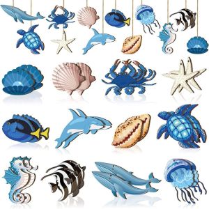 OKDEALS01 24pcs Starfish Seashell Ocean Animal Hanging Ornament Turtle Seahorse Wooden Sea Life Decor Summer Hanging Decorations Ocean Theme Ocean Themed Pendant Sand Beach