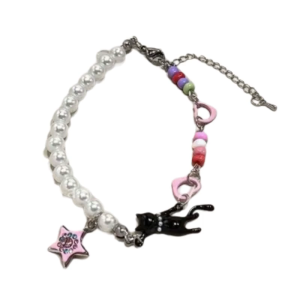 Stylish Y2K Pearls Bracelet Featuring Cats Star Charm Sturdy Alloy Pearls Charm Wrist Chain For Fashion Lovers
