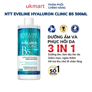 Nước Tẩy Trang Eveline Hyaluron Clinic B5 Và Tinh Chất Rau Má Làm Dịu Dưỡng Ẩm Và Phục Hồi Da 500ML