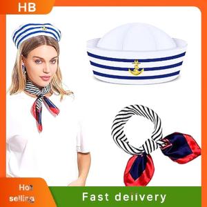 HB Women Small Square Scarf Sailor Cap Set Stewardess Striped Patchwork Satin Scarf With Carnival Christmas Striped Navy Sailor Cap