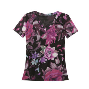 REHIN Womens top Summer new fashion mesh printing short-sleeved V-neck T-shirt Slim thin S-3XL elegant blouse