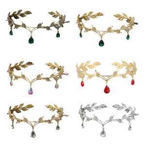 Rhinestones Tiaras Leaf Headband Forehead Pendant Hairhoop for Women and Girl Cosplay Party Costume Photography Headwear