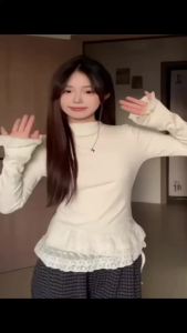 Lace Half Turtleneck Brushed T-shirt Womens Lace Drawstring Waist Cinching Tops Spring and Autumn Lining Slimming Base Shirts