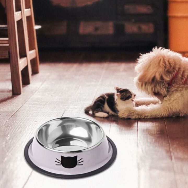 CUTE ELVES Cat Face Pattern Stainless Steel Pet Bowl Non-rust Non-slip ...