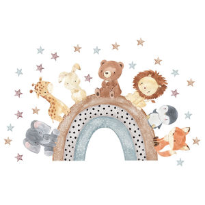 Stiker Dinding Kamar Premium Animal Gajah Singa Beruang Rubah Rainbow Star  Watercolor Wallsticker