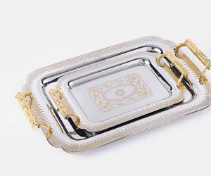 Dulang  Pattern   Tray tray   European Style Pattern Rectangular Fruit Plate Stainless Steel Golden Handle Restaurant Serving Buffet Ho Storage Tray