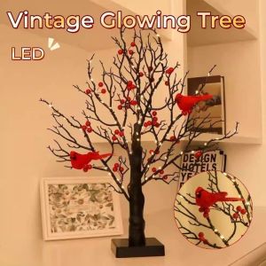 Vintage LED Christmas Tree Lights with Red Berry&Bird Artificial Christmas Tree Ornaments for Home