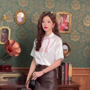 Ammin 2024 sườn xám Trung Quốc Mới Satin Áo Phụ Nữ Mùa Hè phong cách cung điện khóa cổ điển Tua Đứng Cổ Áo Sang Trọng Và Đẹp Thêu Hoa Áo Blouse thanh lịch