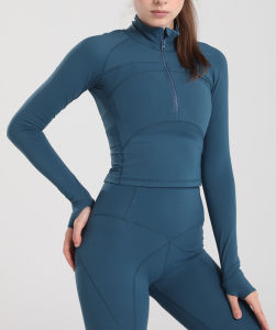 Womens Zipper Tight Stretch Quick Dry T-shirt Sports Long Sleeve Yoga Fitness Running Outer Wear Workout Tops