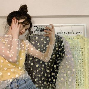 YANGW Perspective Mesh T-Shirts Long Sleeve Daisy Print Sunscreen Tops Women Tops See-Through Transparent Tops Casual Summer