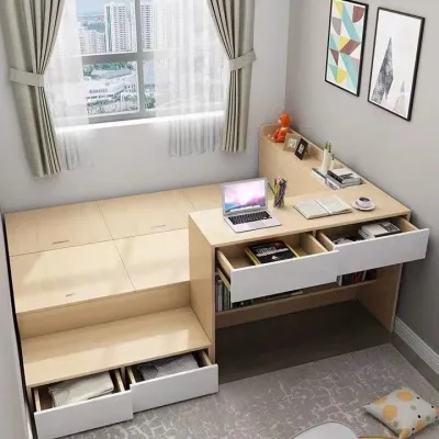 Small family bedroom tatami bed desk integrated multi-functional storage panel childrens bed bookshelf combination can be customized supplementary order needed