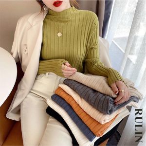 RULINWOODS Women Long Sleeve Knit Turtle Neck Autumn Winter Pull Over Slim Fit Soft Knitted Top Korean Casual Style Basic Bottom Sweater