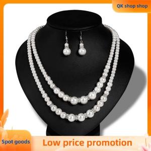 ✨QK shop✨ Double Chain Pearl Jewelry Set Women Simulated Pearl Necklace Earrings Jewelry