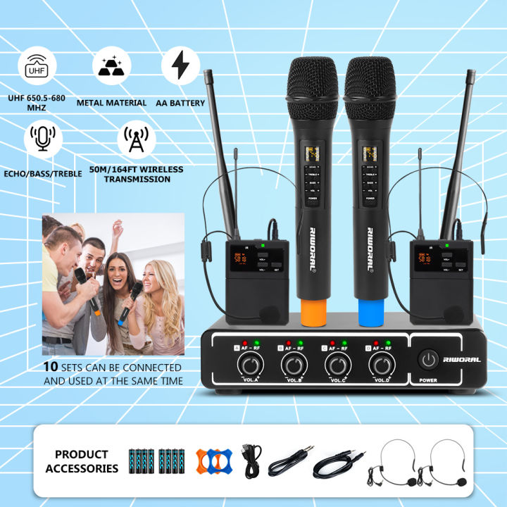 Wireless Microphone System Dual UHF Handheld Cordless Dynamic Microphones Bluetooth 10 sets can be used simultaneously With Bass Echo Tracking Button Cordless Microphone Range 164ft/50m AA Batteries Works with Computer Karaoke Singing Preaching