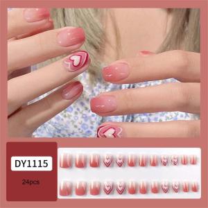 24Pcs Valentines Day Acrylic False Nail Short Square Shape Peach Heart Glossy Finish Gradient Press on Nail