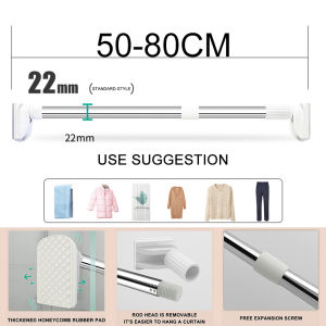 Telescopic Clothing Rod Punch-free Adjustable Shower Curtain Rods And Accessories Stainless Steel Simple Support Rod Extendable