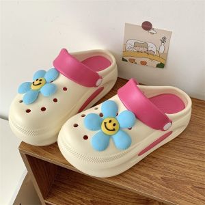 JM รองเท้าหัวโตแฟชั่น แถมตัวติดดอกไม้ ส้นสูง6-7 เซน รองเท้าหัวโตผู้หญิง สวมรัดส้น วัสดุ EVA พื้นรองเท้าถอดได้