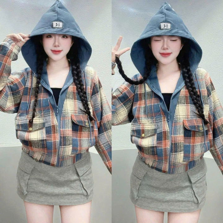 ÁO KHOÁC NỮ KHOÁ KÉO SIÊU MƯỢT PHỐI KẺ CARO THÊU CHỮ R DÀY DẶN QUẢNG ...