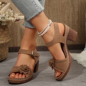 [Free Shipping] New Wedge-Heeled Platform Sandals For Women Featuring Chunky Heels Plus Sizes And Floral Embellishments With A Single-Strap Design