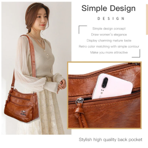 Womens Bag Stylish Soft Leather Bag Multi Pocket Large Capacity Shoulder Satchel Bag