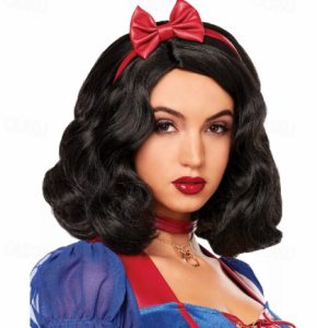 Womens Snow White Cosplay Wig - Short Bob Curly Wavy Hair with Iconic Red Bow Accent -Looking Volume for Costume Parties Halloween & Roleplay (Black Bob Wig Fits All Beige Tones)