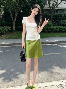 (Stock in KL-190) Acetate Satin Skirt Women High-End Chic A-Line Skirt Drape Hip Silk Skirt