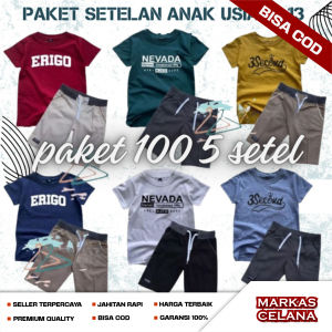 Setelan Baju Anak Laki-Laki Motif Grafis 100% Kapas - 5 Setelan Kaos & Celana Pendek Usia 2-13 Tahun