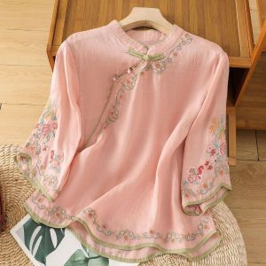 Womens Cotton Linen Shirt Retro Tops Artistic Embroidery Women Shirts Buckle Summer Slanted Collar Ethnic Style Color Blocked 3/4 Sleeve Blouse Plus Size