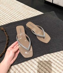 Womens Low-Heeled Slip-On Walking Sandals Flip-Flops Rhinestone-Decorated