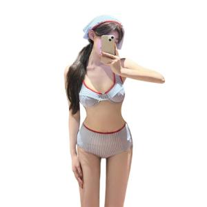 ชุดว่ายน้ำสองชิ้นสำหรับเอวสูงชุดว่ายน้ำลายทางชุดว่ายน้ำวินเทจสีน้ำเงินชุดทูพีซสตรี