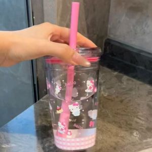 Dễ thương Hello Kitty Cốc có ống hút nhựa trong suốt cho đồ uống ướp lạnh