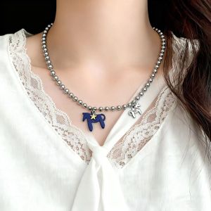 LEKGAVD Silver Enamel Colt Horse Pendant Necklaces Alloy Plated Zodiac Animal Necklaces Party Accessories Funny Beads Chain Chokers for Women
