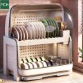 MarCur Home Giá đỡ bát đĩa 2 lớp có nắp đậy hộp lưu trữ nhà bếp kín chống bụi và chống côn trùng Khay phơi đĩa cong có nắp. 